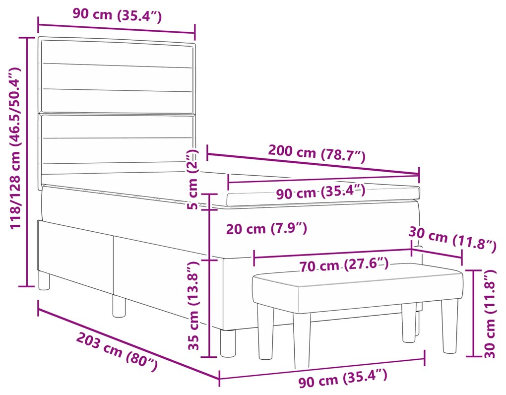 Cama Box Spring com Colchão e Banco Cinza Escuro 90x190 cm Tecido