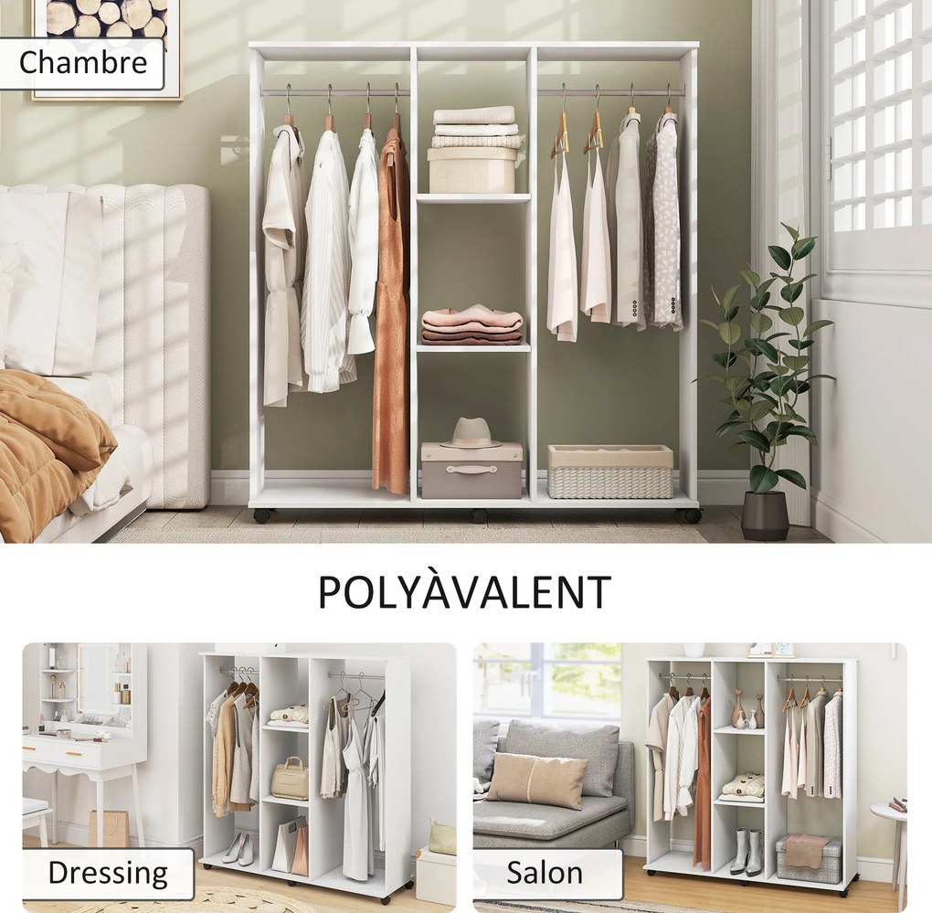 Guarda roupa aberto com varões, móvel de arrumação com rodas, 6 rodas, 120 x 40 x 128 cm, branco