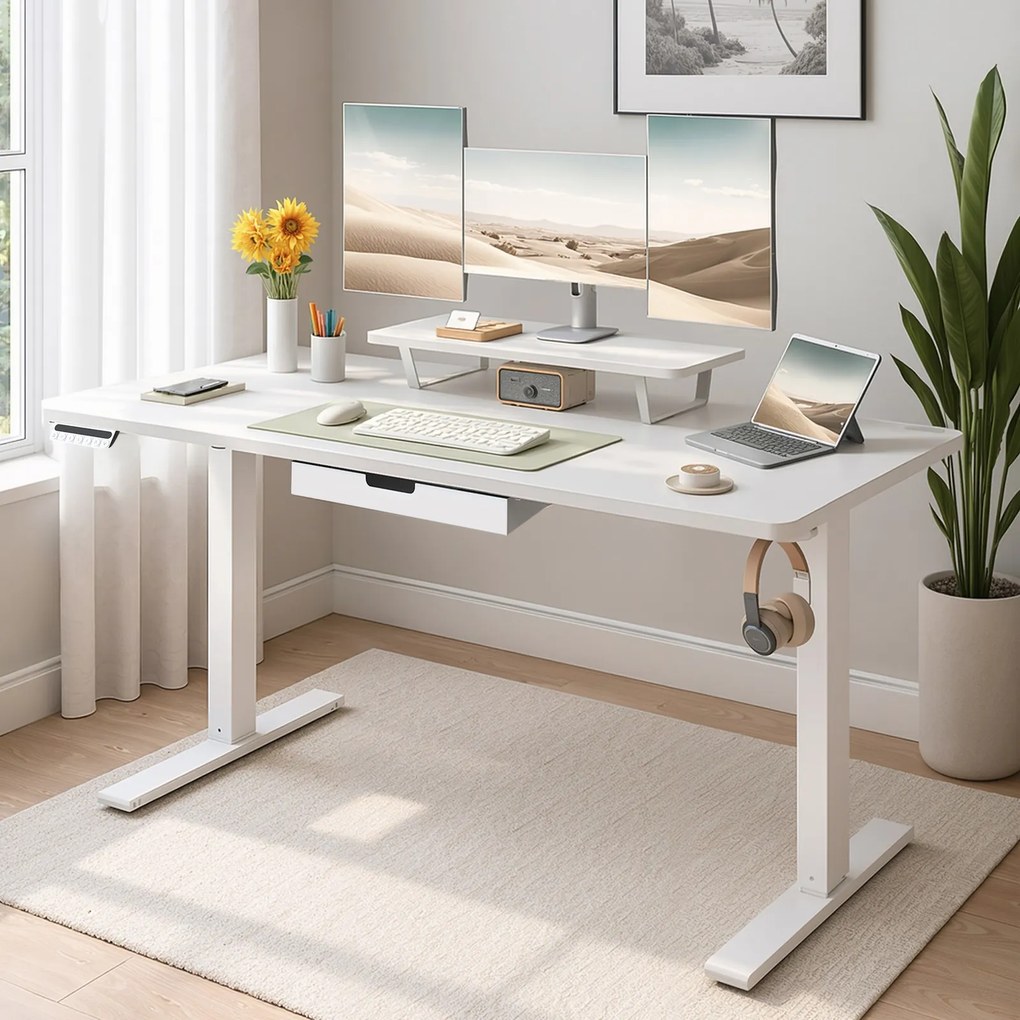 Secretária elétrica com altura ajustável, 140 x 70 x (72-120) cm, suporte para monitor branca