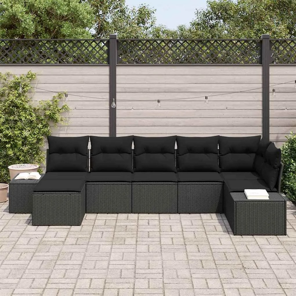 Conjunto de Sofá de Jardim de 7 Peças com Almofadas em Vime Preto