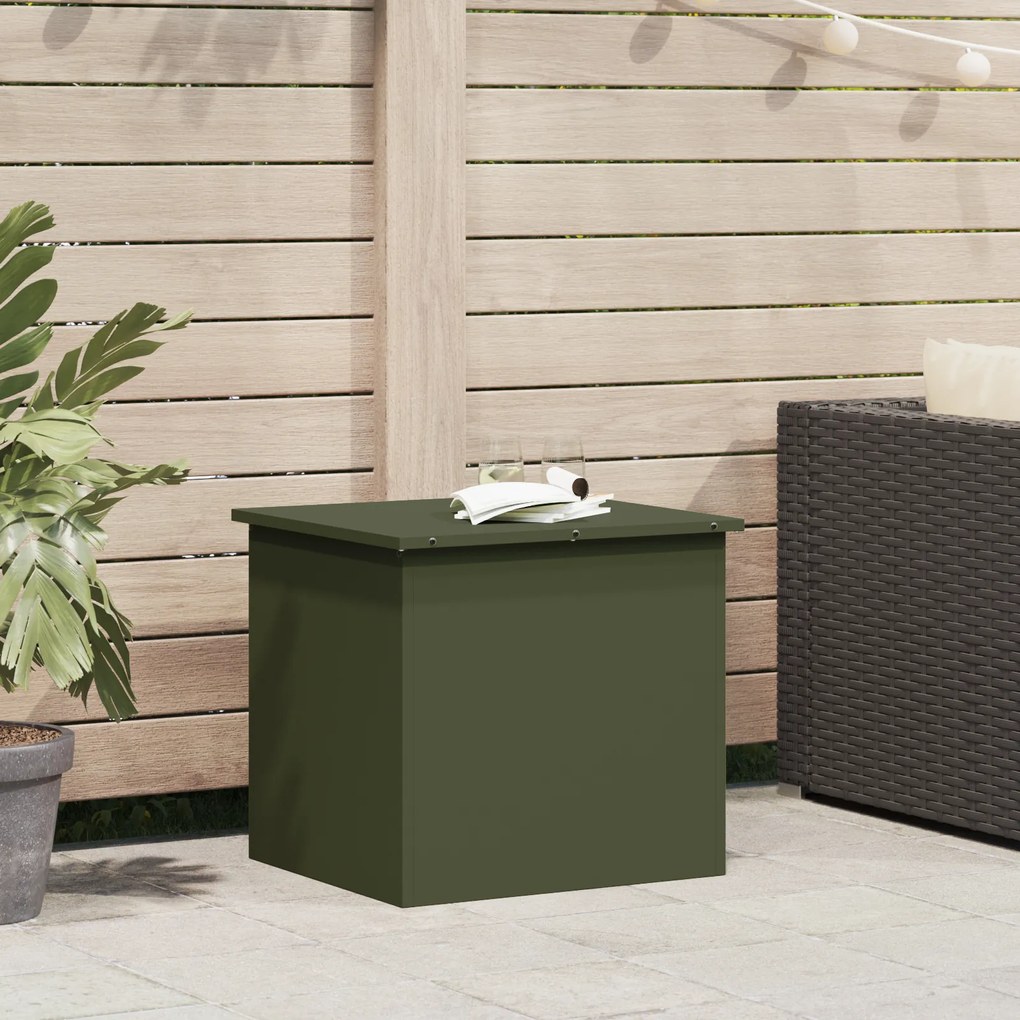 vidaXL Caixa de Armazenamento Externa Verde Oliva - 55 x 50,5 x 50 cm, feita de aço laminado a frio.