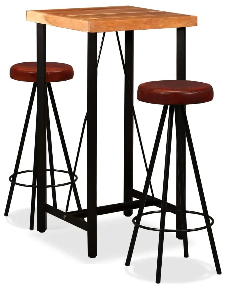 vidaXL Conjunto de bar 3 pcs madeira acácia maciça e couro genuíno