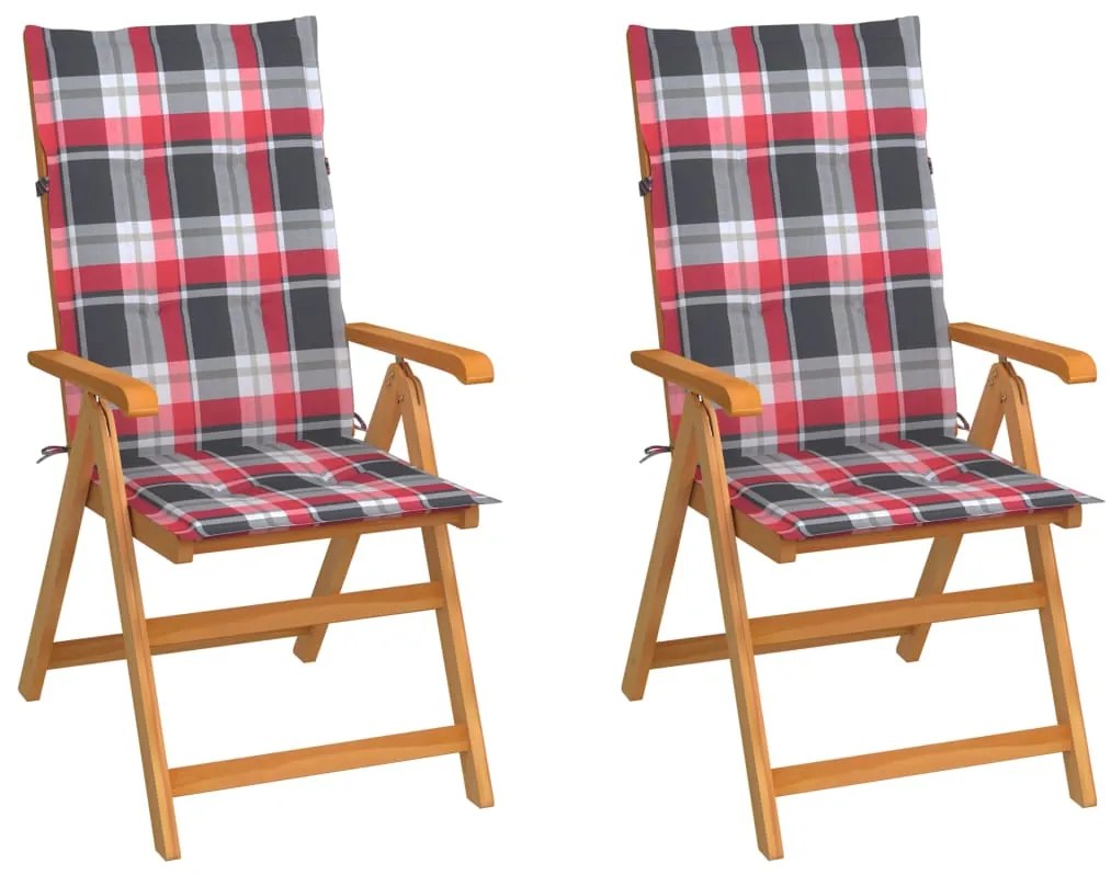 Cadeiras de jardim c/ almofadões xadrez vermelho 2 pcs teca