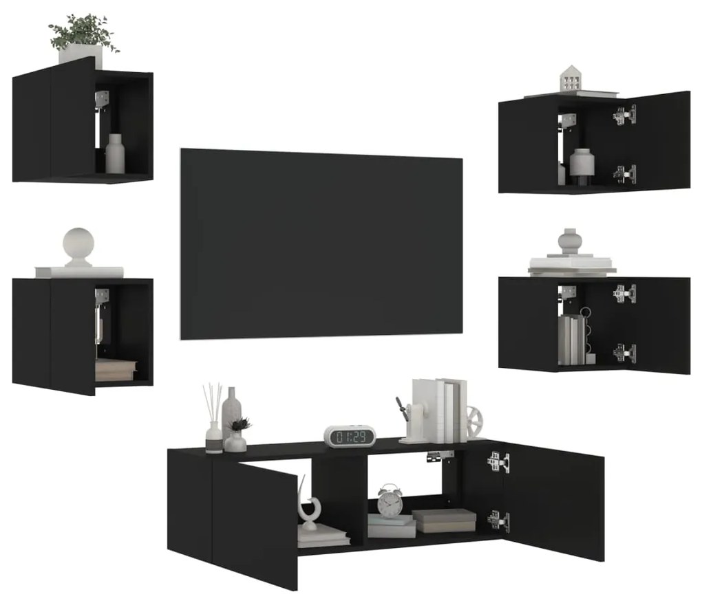 vidaXL 5 pcs móveis de parede para TV com luzes LED preto