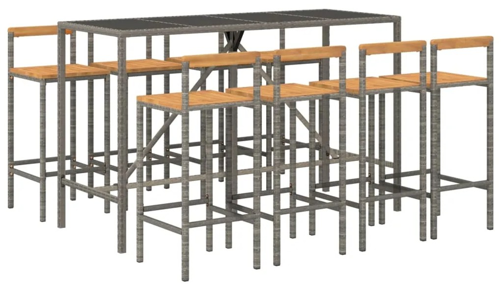 9 pcs conjunto de bar p/ jardim vime PE/acácia maciça cinzento