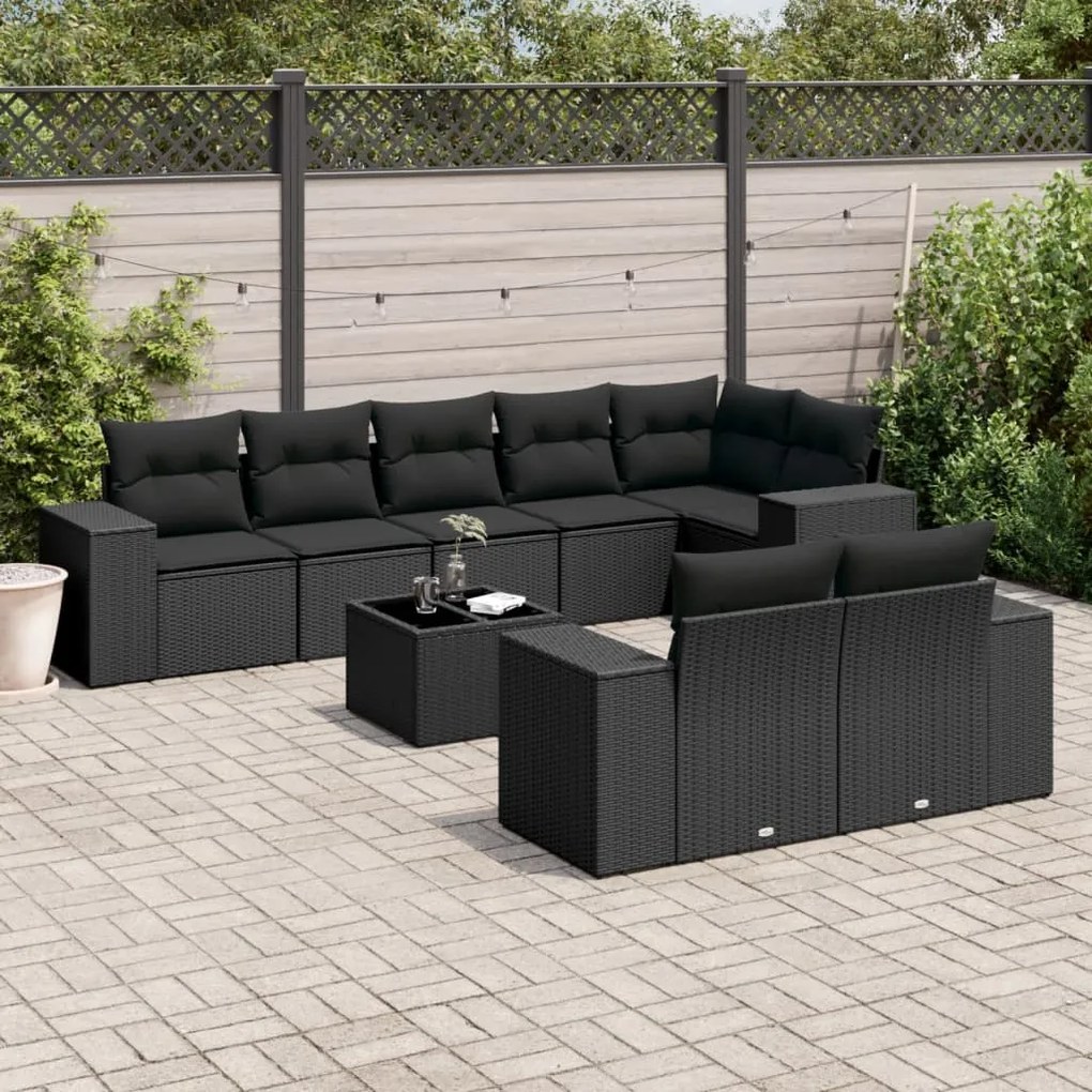 9 pcs conjunto de sofás p/ jardim c/ almofadões vime PE preto