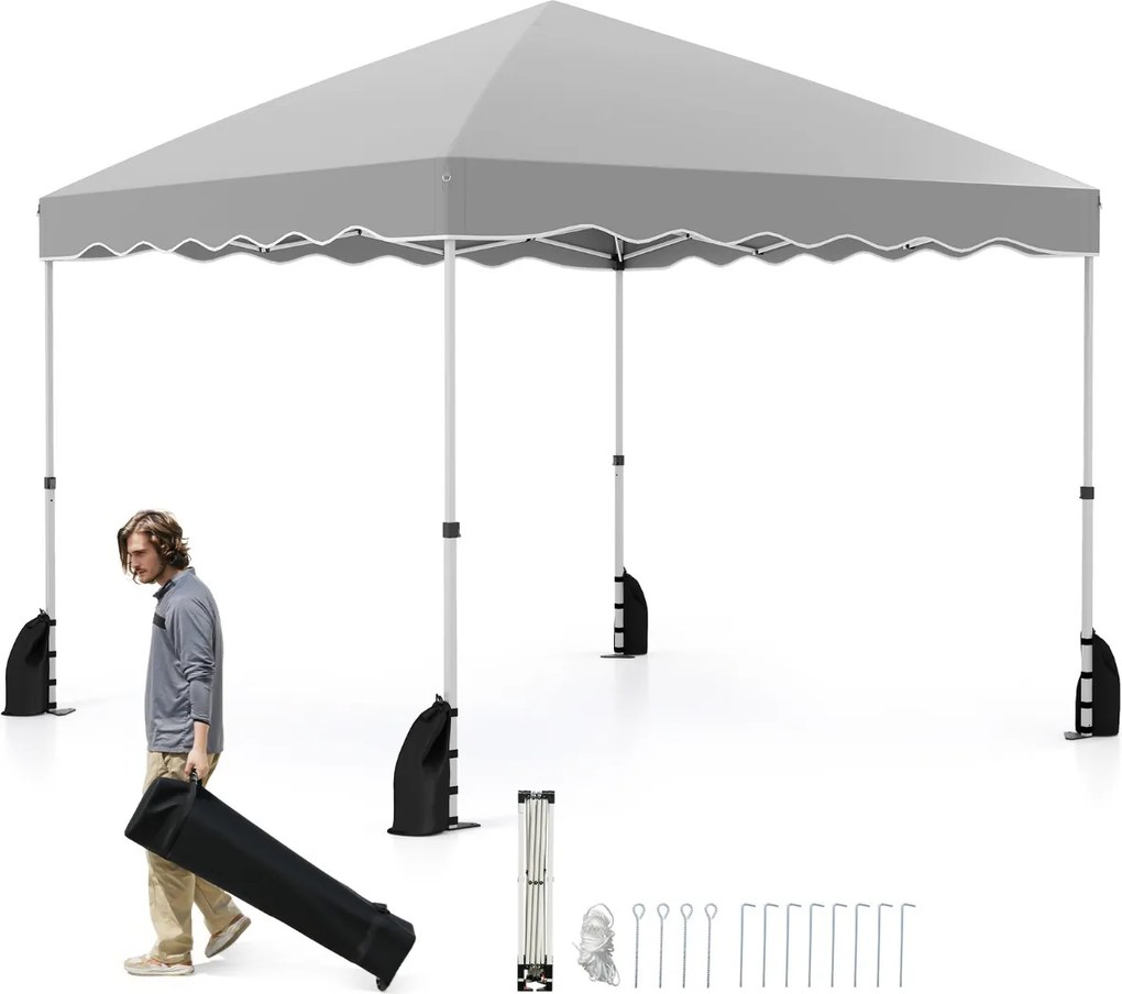 Tenda dobrável portátil com 8 estacas, 4 âncoras, 4 cordas de vento, 4 sacos de areia, 300 x 300 x 266-286 cm - cinza