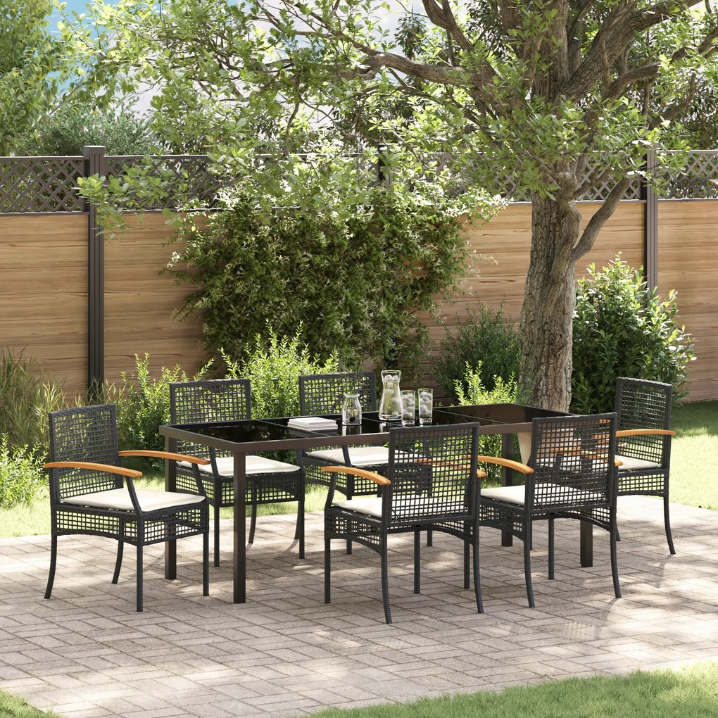 Conjunto de Jantar de Jardim de 7 Peças com Almofadas Preto Vime PE