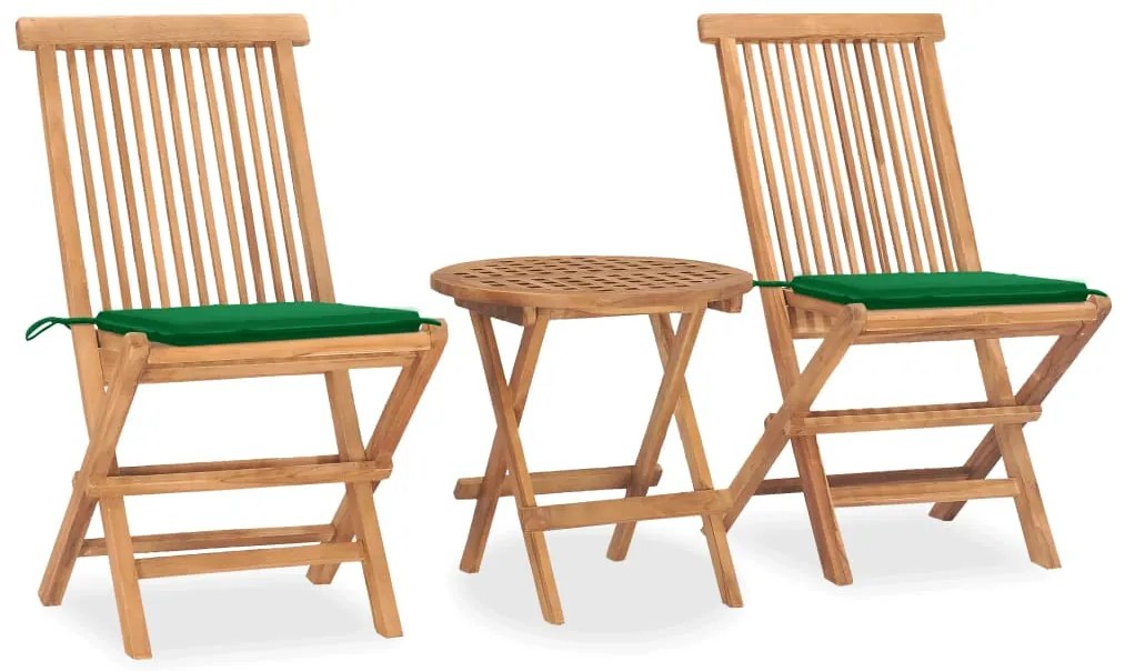3 pcs conj. jantar dobrável exterior c/ almofadão teca maciça