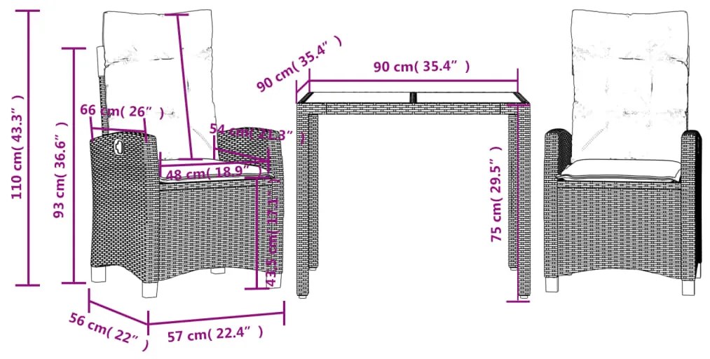 3 pcs conjunto de jantar p/ jardim c/ almofadões vime PE preto