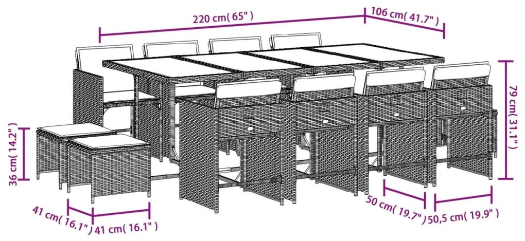 13 pcs conj. jantar jardim c/ almofadões vime PE cinzento-claro