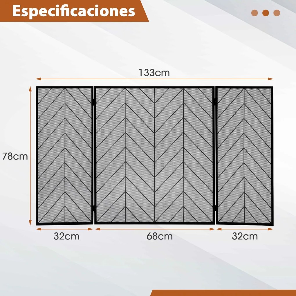Proteção dobrável da lareira de 3 painéis do ferro forjado com dobradiças flexíveis quadro resistente para a sala de visitas 133 x 78 x 2 cm Preto
