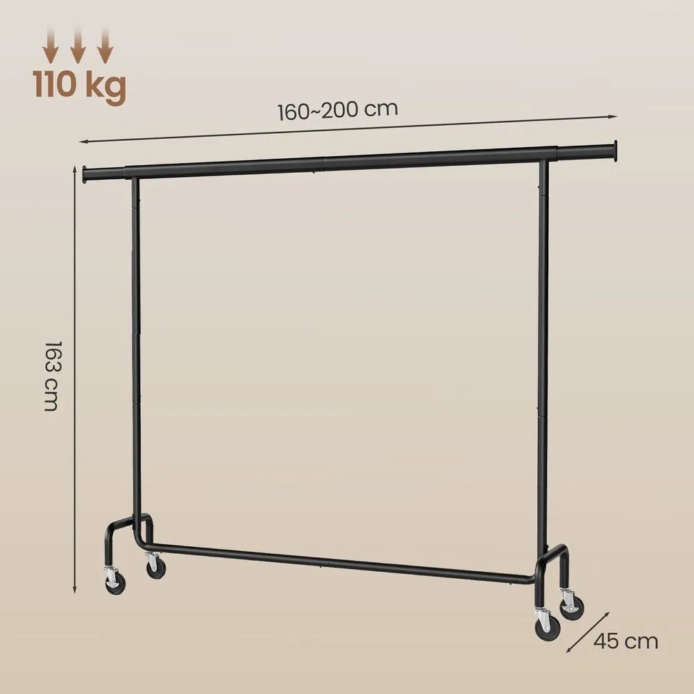 Cabide guarda roupa com rodas 45 x (160-200) x 162,9 cm, barra extensível, capacidade de carga até 110 kg preto