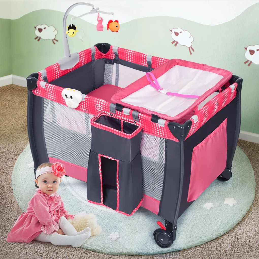 Cama de viagem bebé dobrável berço com saco de transporte de 2 rodas 100 x 70 x 76cm Rosa