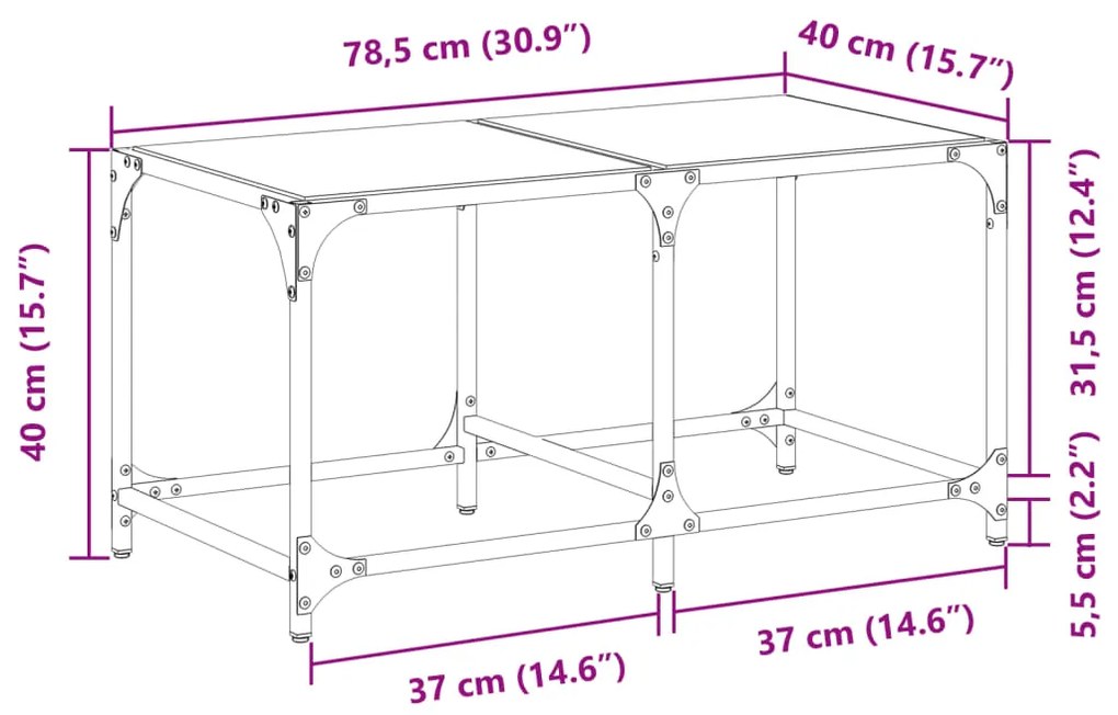 Mesa de centro com topo em vidro preto 78,5x40x40 cm aço