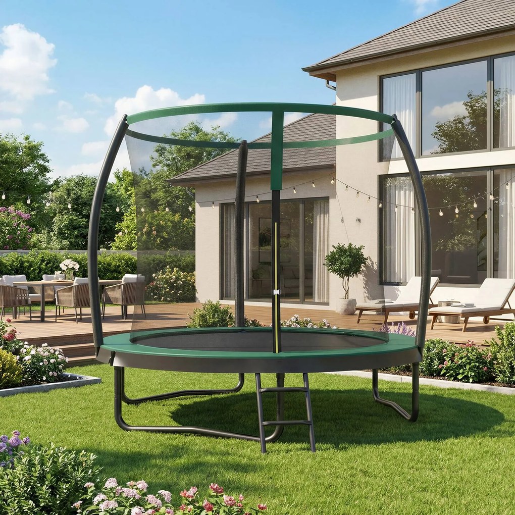 Trampolim de 244 cm de diâmetro, trampolim de jardim com rede de segurança, postes com 180 cm de altura Preto-verde escuro