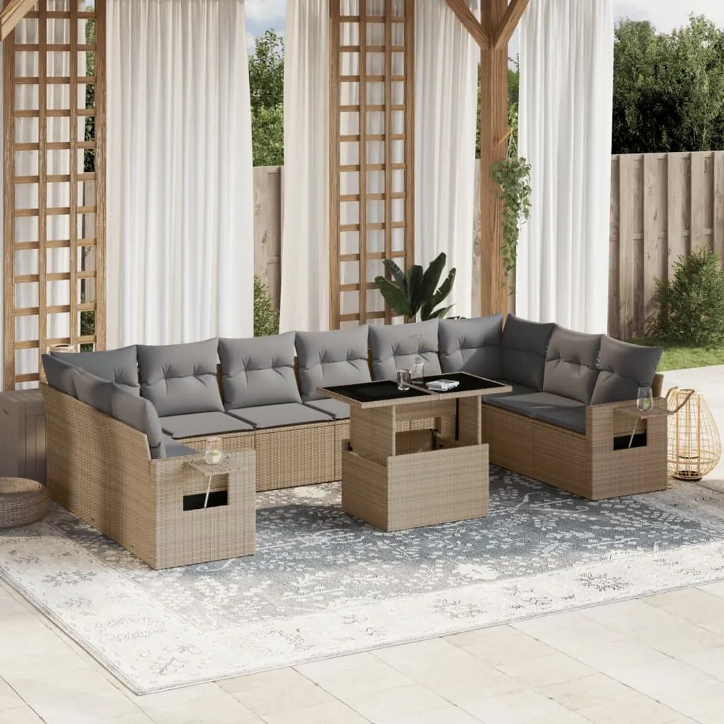 11 pcs conjunto sofás de jardim c/ almofadões vime PE bege