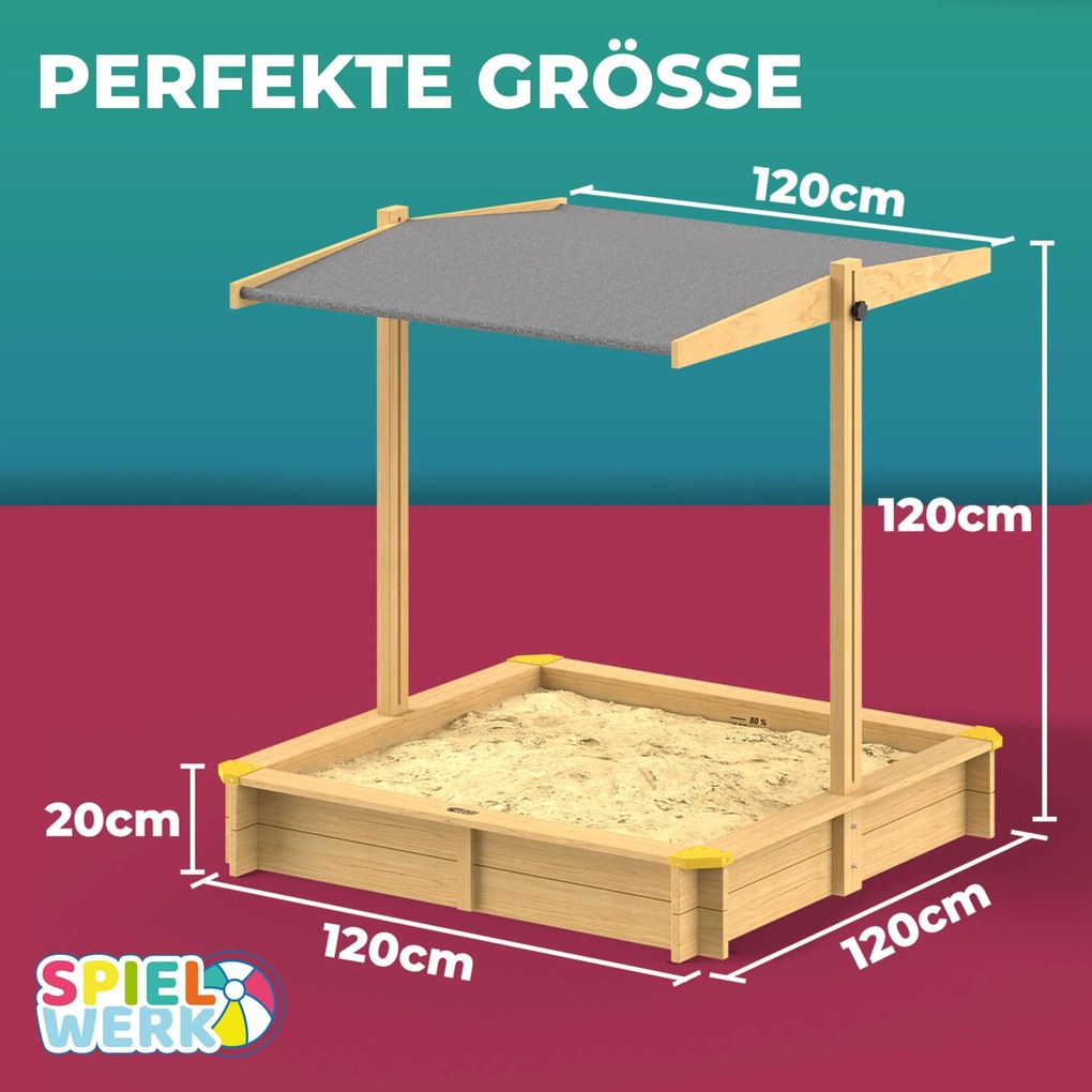 Caixa de areia crianças para jardim 120 x 120 x 120 cm com cobertura inclinável castanha clara