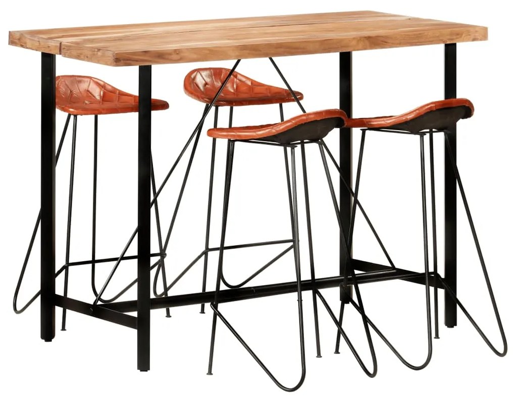 vidaXL 5 pcs conjunto de bar madeira maciça e couro genuíno