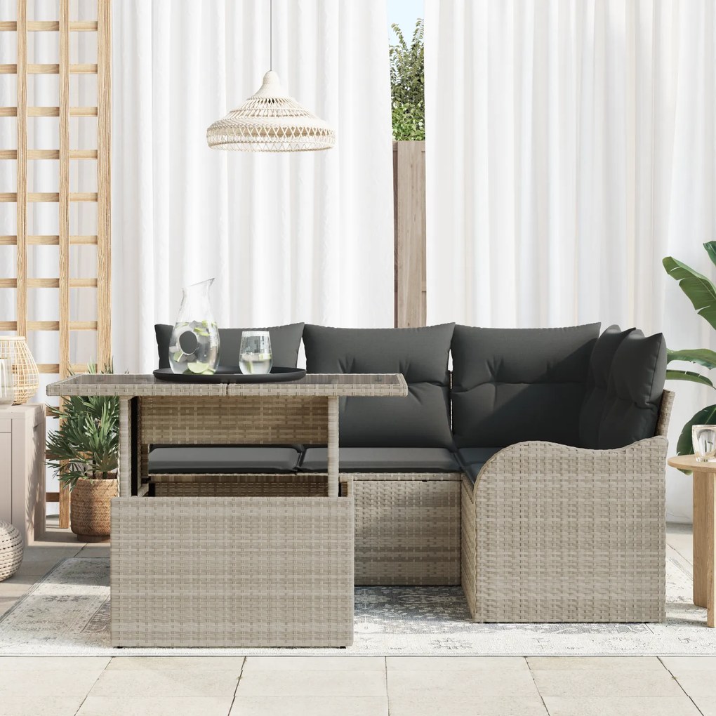 Conjunto de Sofá de Jardim de 5 Peças com Almofadas Cinza Claro Rattan