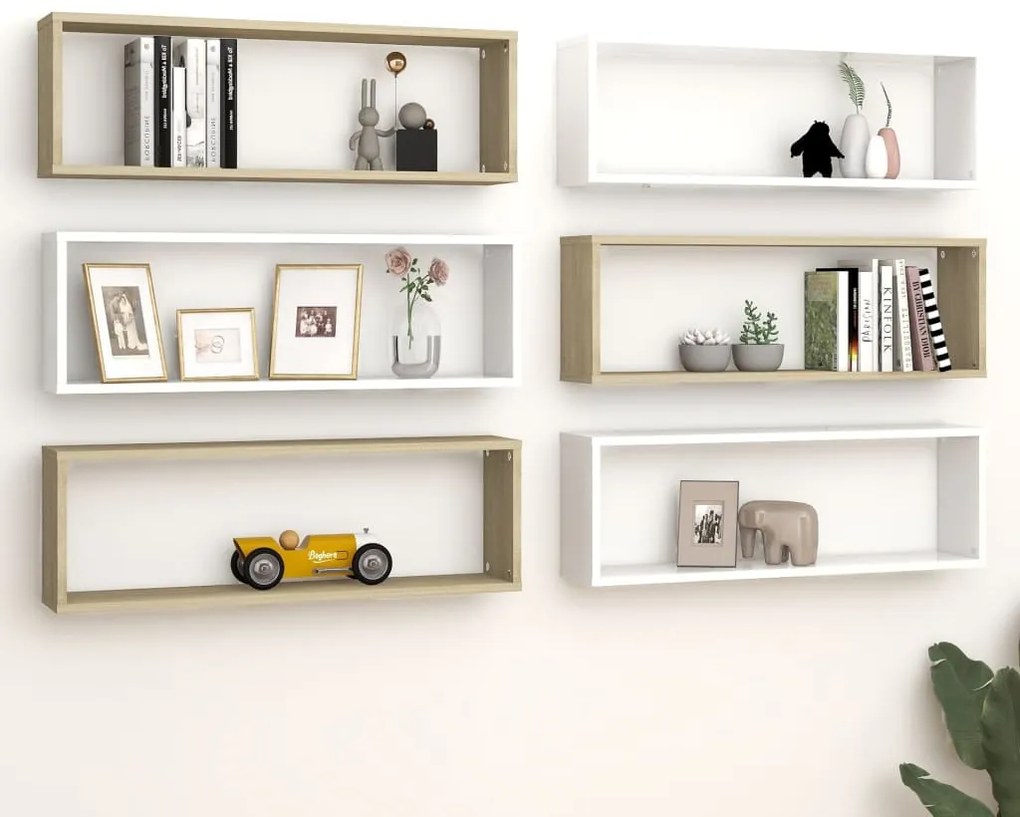 vidaXL Estantes parede cúbicas 6pcs contr. 80x15x26,5 cm branco/sonoma