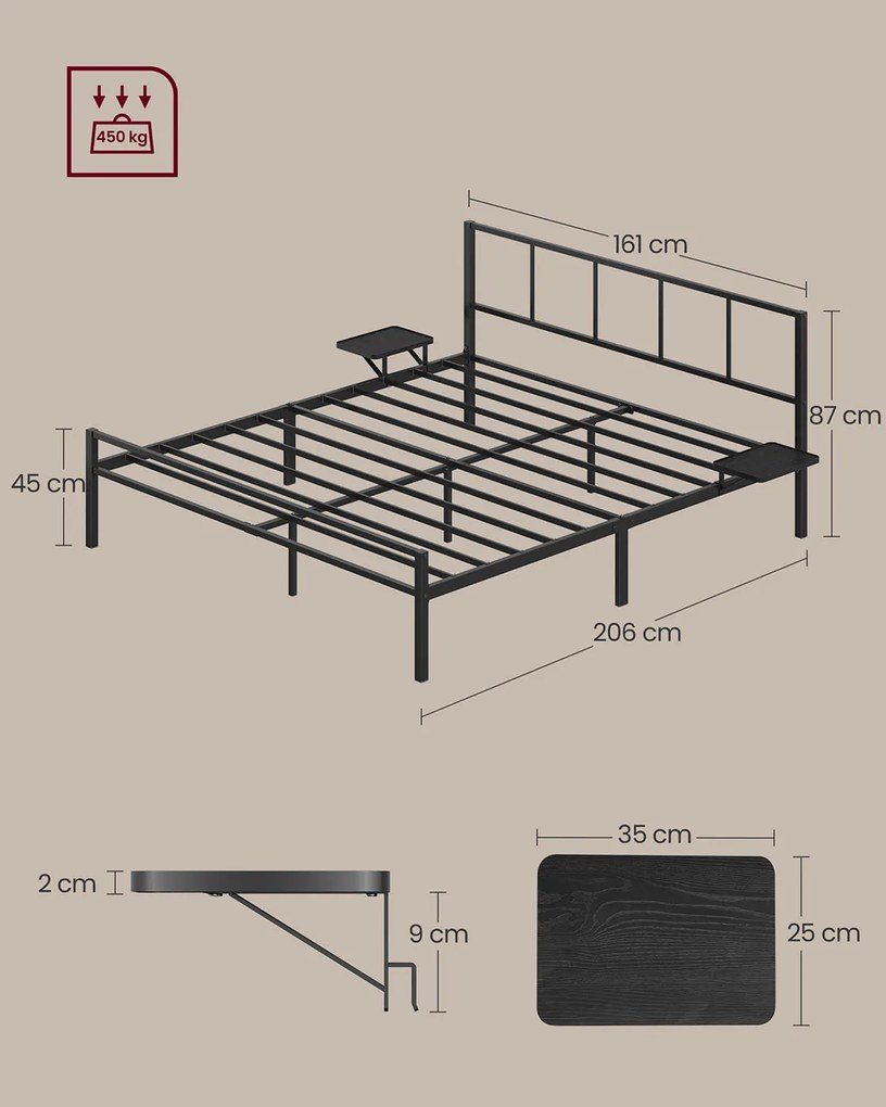 Esrutura de cama de casal 160 x 200 cm em Aço com 2 cabeceiras preta mate