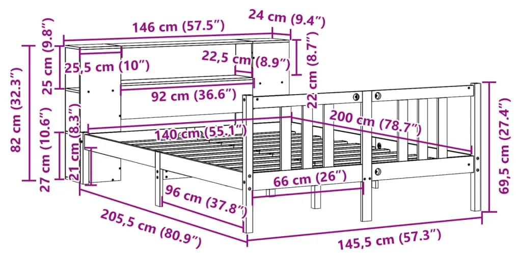 Cama com estante sem colchão 140x200 cm pinho maciço branco