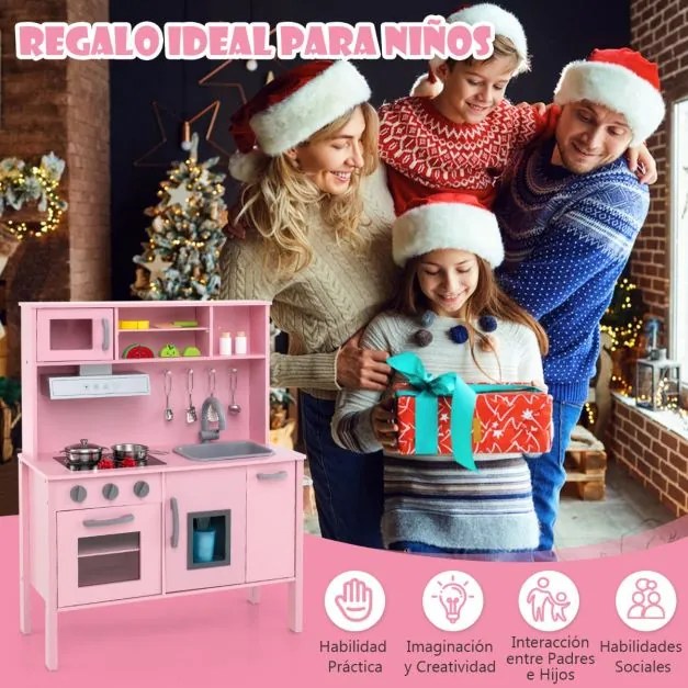 Cozinha de brincar para crianças em madeira com micro-ondas, exaustor, fogão, lava-loiça, máquina de gelo e 18 acessórios Rosa