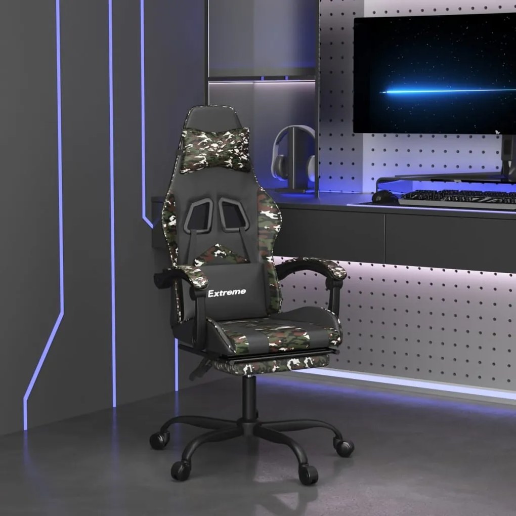 vidaXL Cadeira gaming giratória + apoio pés couro art. preto/camuflado