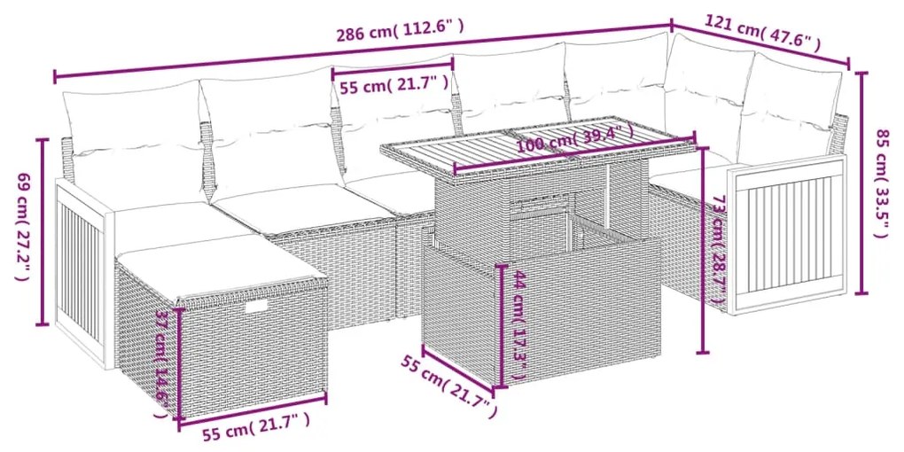 8 pcs conjunto sofás de jardim com almofadões vime PE preto