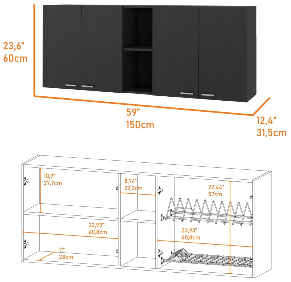 Móvel de cozinha em melamina Rochet com 4 armários e 3 prateleiras 60 x 150 x 31,5 cm, Preto