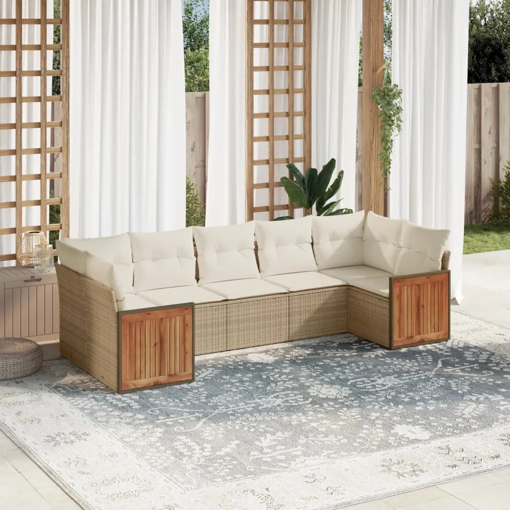 7 pcs conjunto de sofás p/ jardim com almofadões vime PE bege