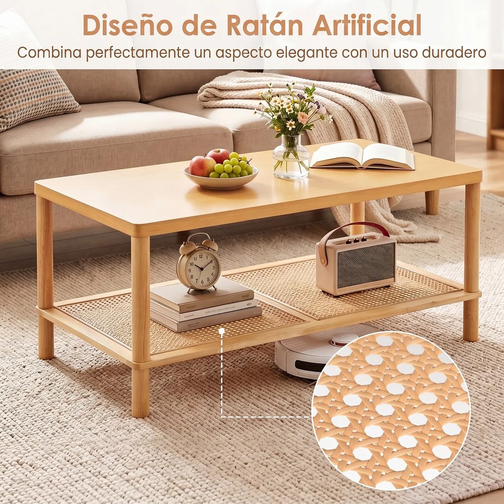 Mesa de Centro retangular, 100 x 52 x 45 cm, Dois Níveis de Arrumação, Natural