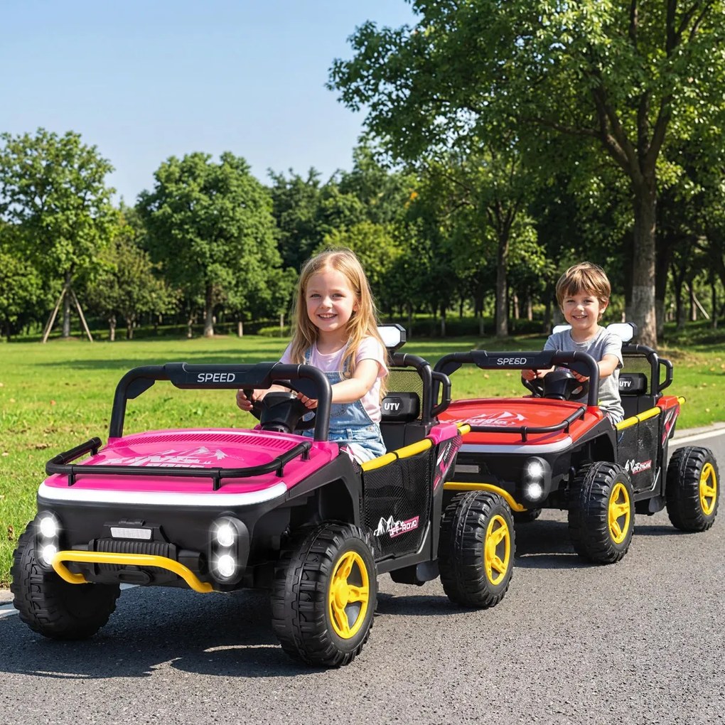 Carro elétrico para crianças 24V 2 lugares com controle remoto, música, luzes e conexão sem fio, buzina Rosa