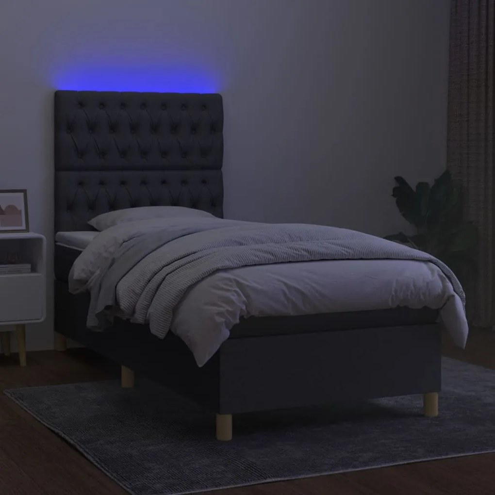 Cama box spring c/ colchão e LED 100x200 cm tecido cinza-escuro