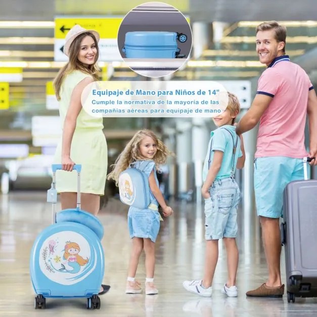 Conjunto de 4 peças malas viagem para crianças com bagagem de mão sobre rodas Mochila Almofada de pescoço e Etiqueta de bagagem azul
