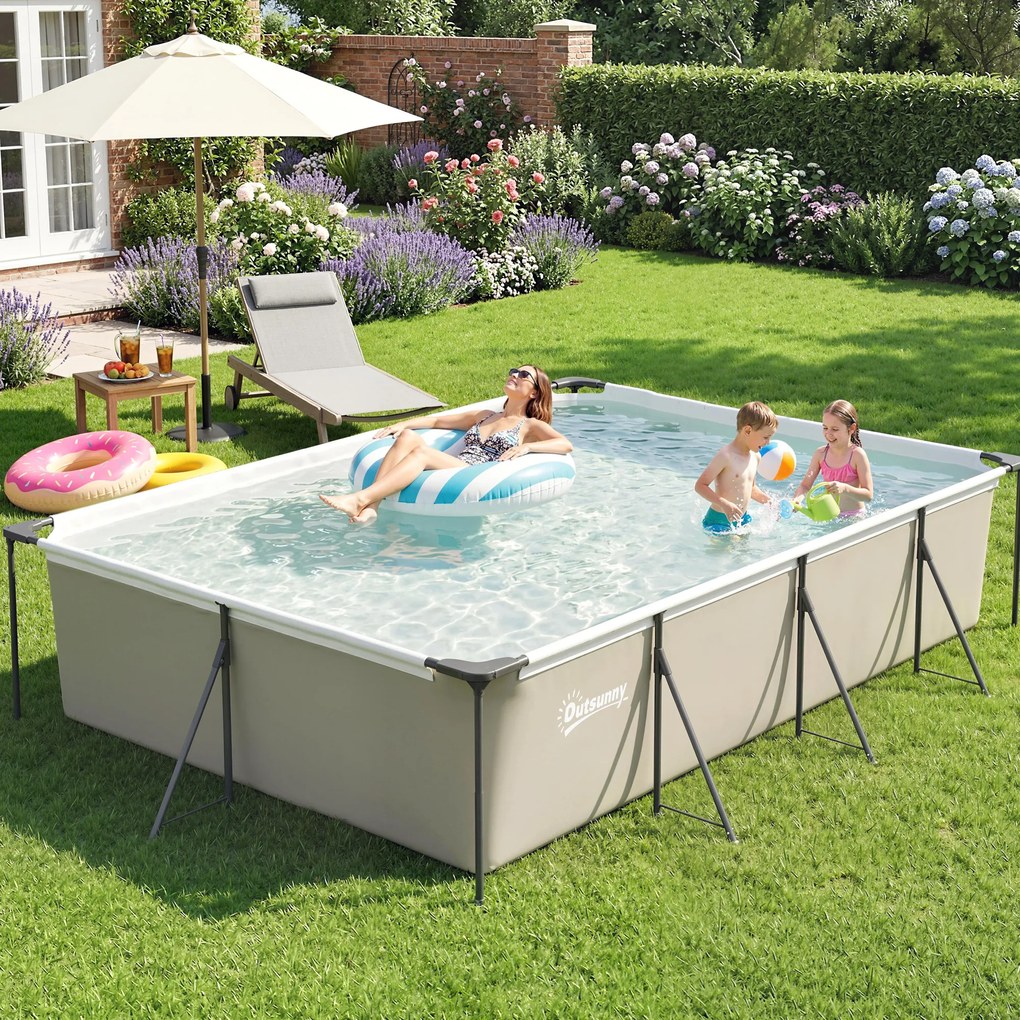 Piscina Desmontável Tubular 394,5x208,3x80,5 cm 6075 L Retangular com Estrutura Metálica para 4-6 Pessoas Cinza