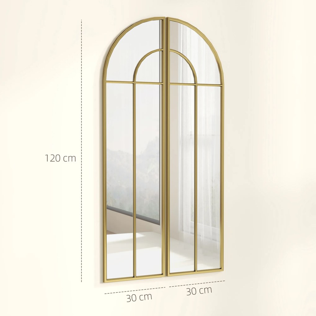 Espelho de parede em forma de arco, 30 x 120 cm, grande espelho decorativo com moldura metálica, para sala de estar, quarto, corredor, tom dourado