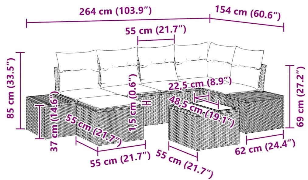 Conjunto de Sofá de Jardim de 6 Peças com Almofadas Cinza em Rattan Po