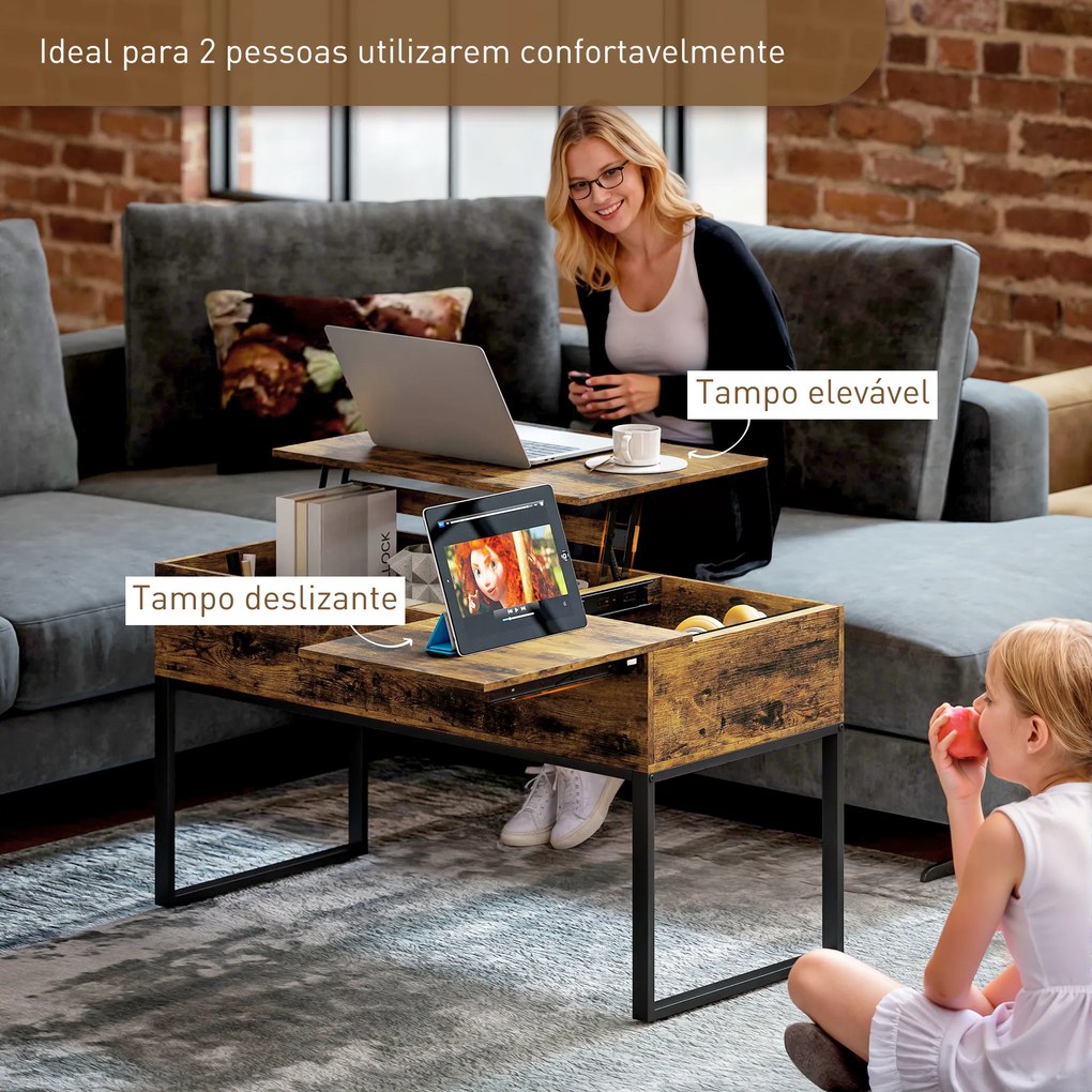 Mesa de Centro Elevatória com Bancada Deslizante Fecho Suave e Espaço Oculto de Arrumação 100x45x67 cm Castanho Rústico