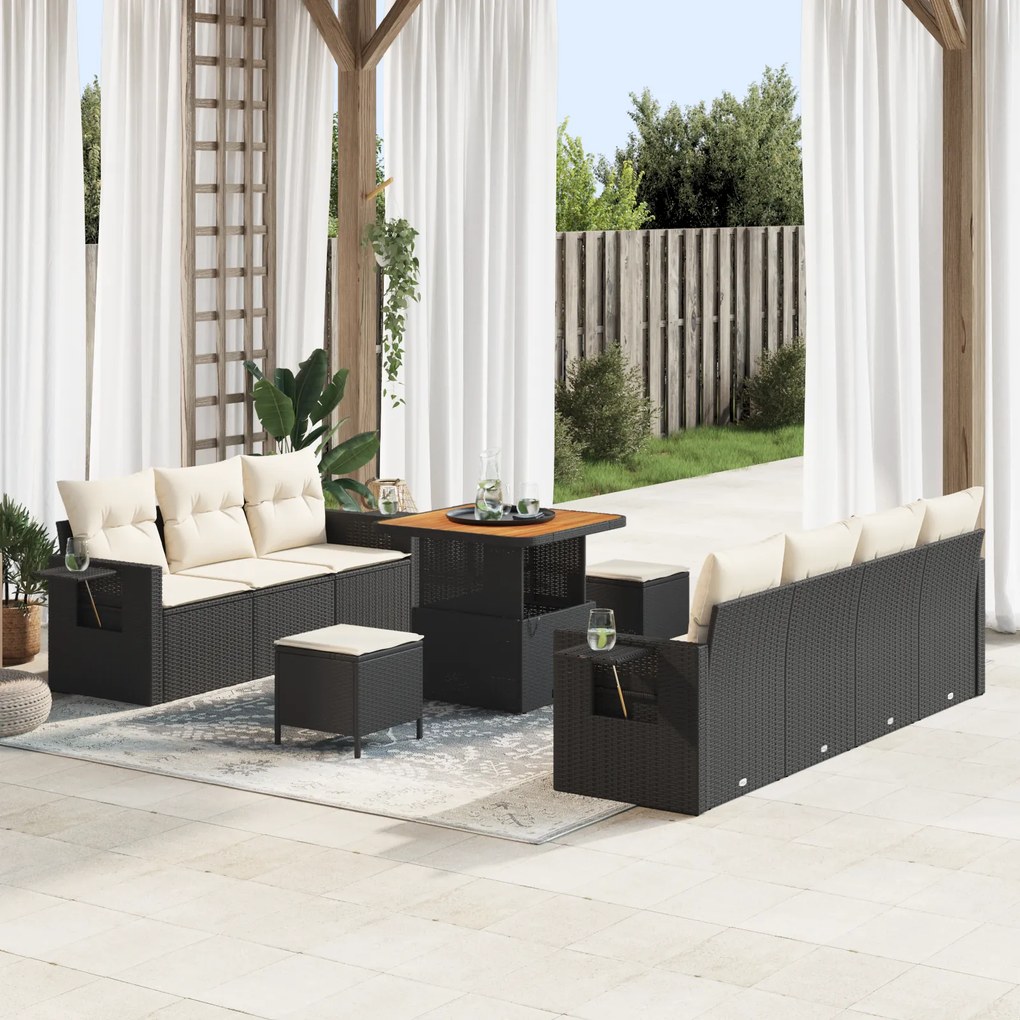 Conjunto de Sofá de Jardim vidaXL com Almofadas Preto Rattan Acácia, C