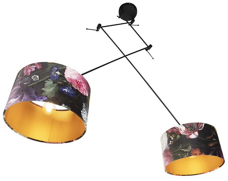 Candeeiro de suspensão preto com abajures de veludo flores com dourado 35 cm 2-luzes - Blitz Clássico / Antigo,Moderno