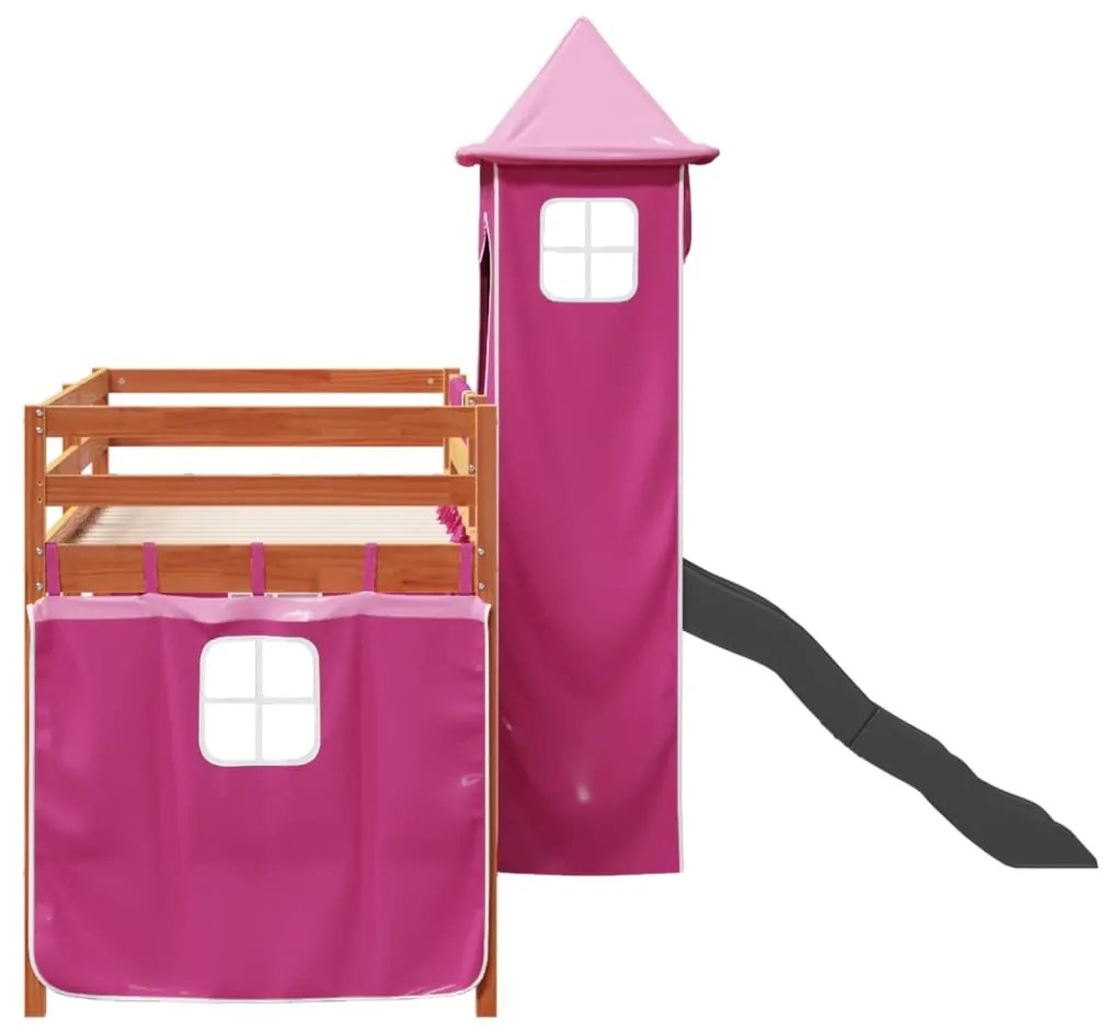 Cama alta para criança com torre 90x200 cm pinho maciço rosa