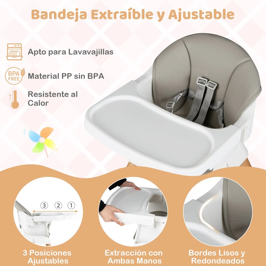 Cadeira de refeição evolutiva 9 em 1 com tabuleiro removível e lavável na máquina de lavar louça, pernas em madeira maciça, cinto de 5 pontos e almofa
