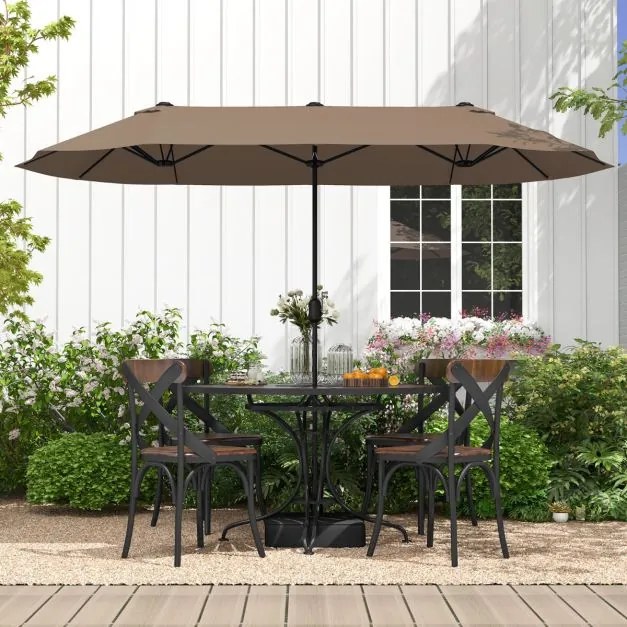 Guarda-sol duplo para jardim com base recarregável, manivela e 12 hastes de alta resistência Castanho