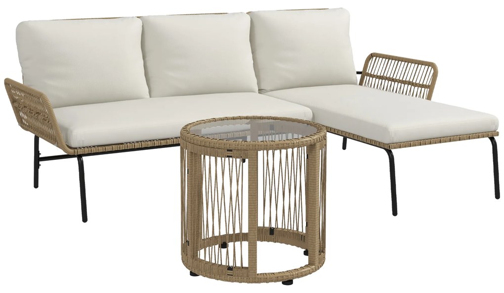 Outsunny Conjunto de Móveis de Jardim em Vime com Sofá de 2 Lugares Chaise Longue Almofadas e Mesa Auxiliar Creme e Madeira | Aosom Portugal