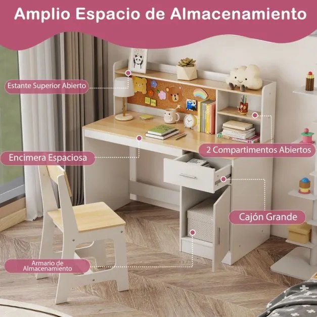 Conjunto de secretaria e cadeira infantil com estante, gaveta, armário, quadro de cortiça e banco com encosto inclinado 109,5 x 48 x 100,5 cm Natural