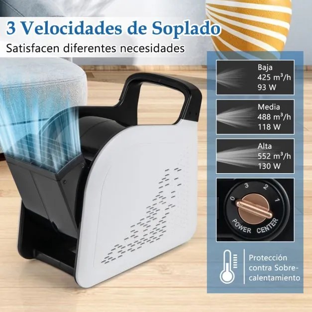 Ventilador de alta velocidade com 3 velocidades e cabeça giratória de 185° para secagem, arrefecimento, ventilação e refrigeração 130W 552 m³/h Preto