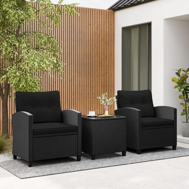 Conjunto de móveis de jardim de 3 peças de rattan com almofadas de assento e encosto e Mesa de centro de vidro temperado preto / preto