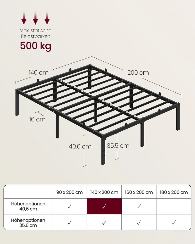 Estrutura de cama em metal 200 x 140 x 40,6 cm (COLCHÃO NÃO INCLUIDO) com espaço de arrumação e design moderno Preta